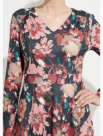 Vestido corto evasé con escote en pico y estampado floral - Afibel