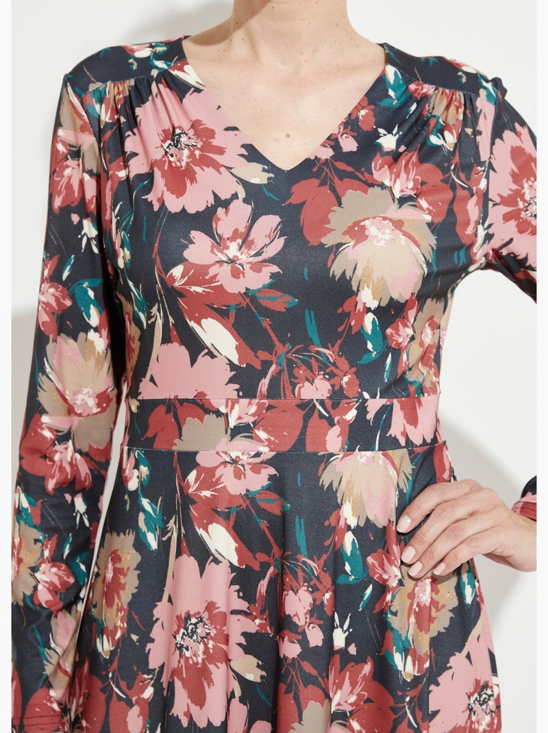 Vestido corto evasé con escote en pico y estampado floral - Afibel Azul marino - Kiabi