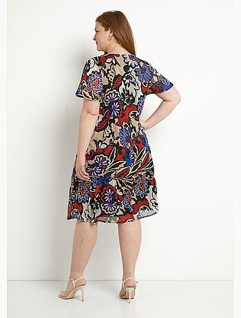 Vestido corto evasé con volantes de voile estampado - Afibel