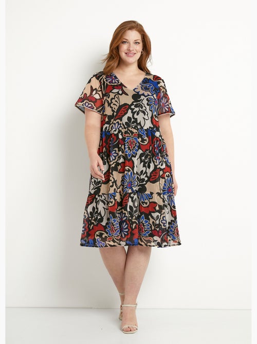 Vestido corto evasé con volantes de voile estampado - Afibel - Kiabi
