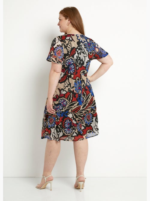 Vestido corto evasé con volantes de voile estampado - Afibel - Kiabi