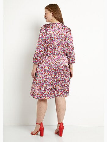 Vestido corto evasé de raso floral con cuello de pico y botones - Afibel