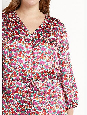 Vestido corto evasé de raso floral con cuello de pico y botones - Afibel