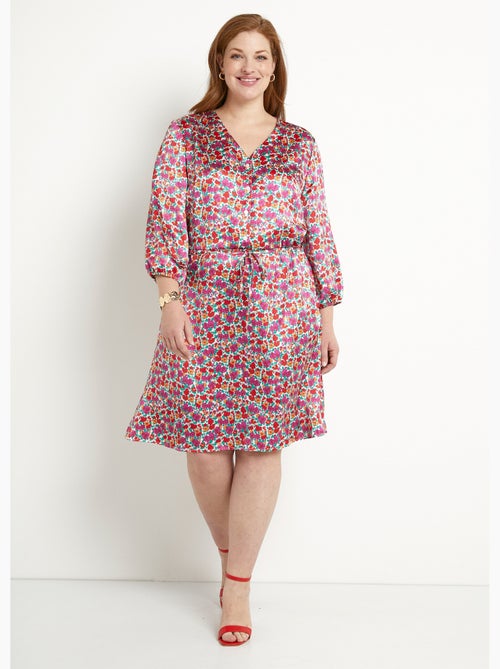 Vestido corto evasé de raso floral con cuello de pico y botones - Afibel - Kiabi