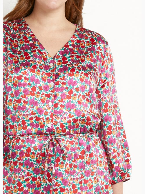 Vestido corto evasé de raso floral con cuello de pico y botones - Afibel - Kiabi
