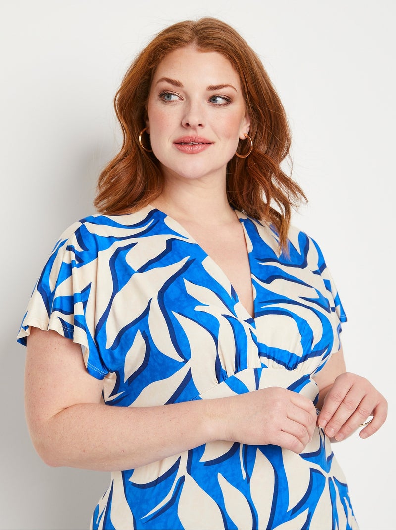 Vestido corto evasé estampado de hojas - Afibel Azul - Kiabi
