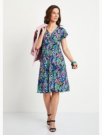 Vestido corto evasé estampado hojas - Afibel