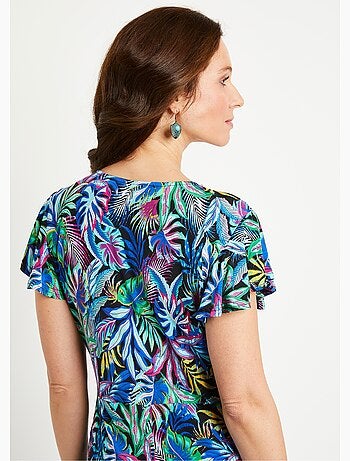 Vestido corto evasé estampado hojas - Afibel