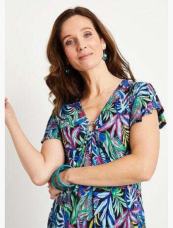 Vestido corto evasé estampado hojas - Afibel