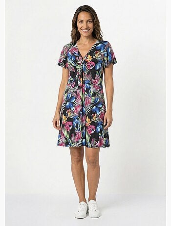 Vestido corto evasé estampado hojas - Afibel