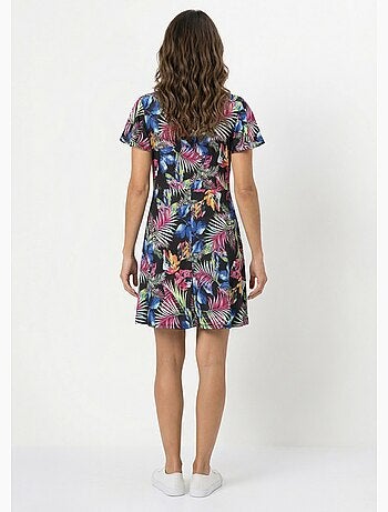 Vestido corto evasé estampado hojas - Afibel