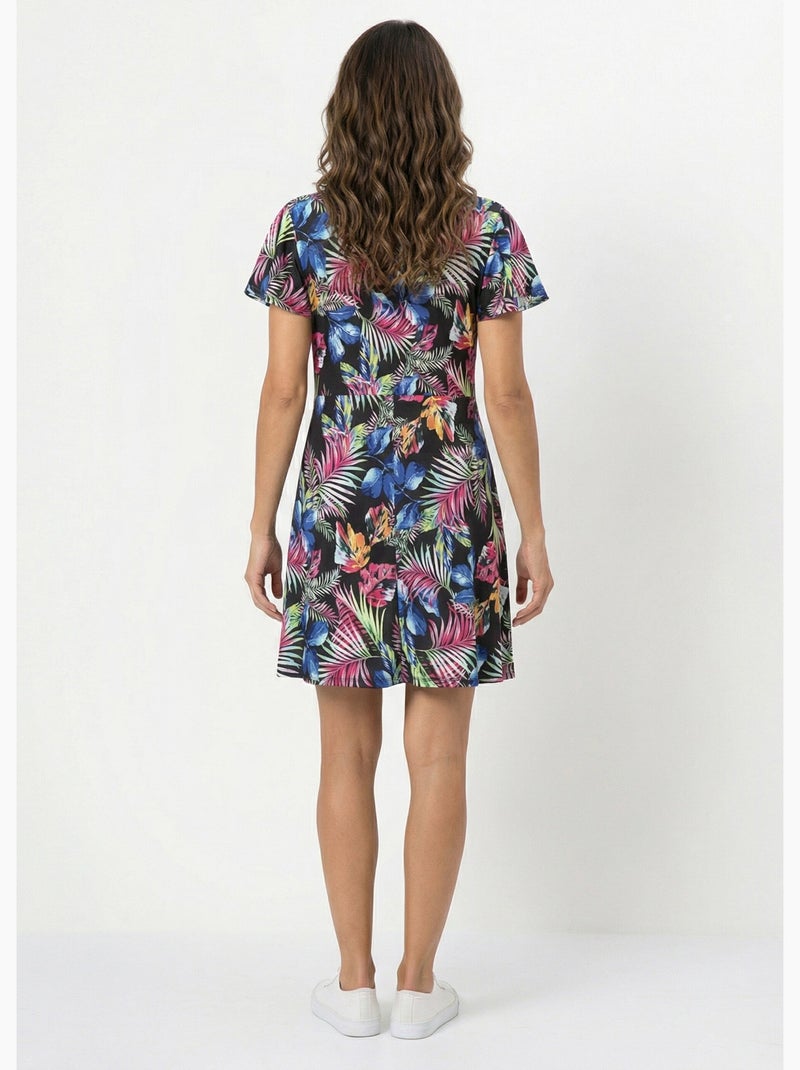 Vestido corto evasé estampado hojas - Afibel Negro - Kiabi