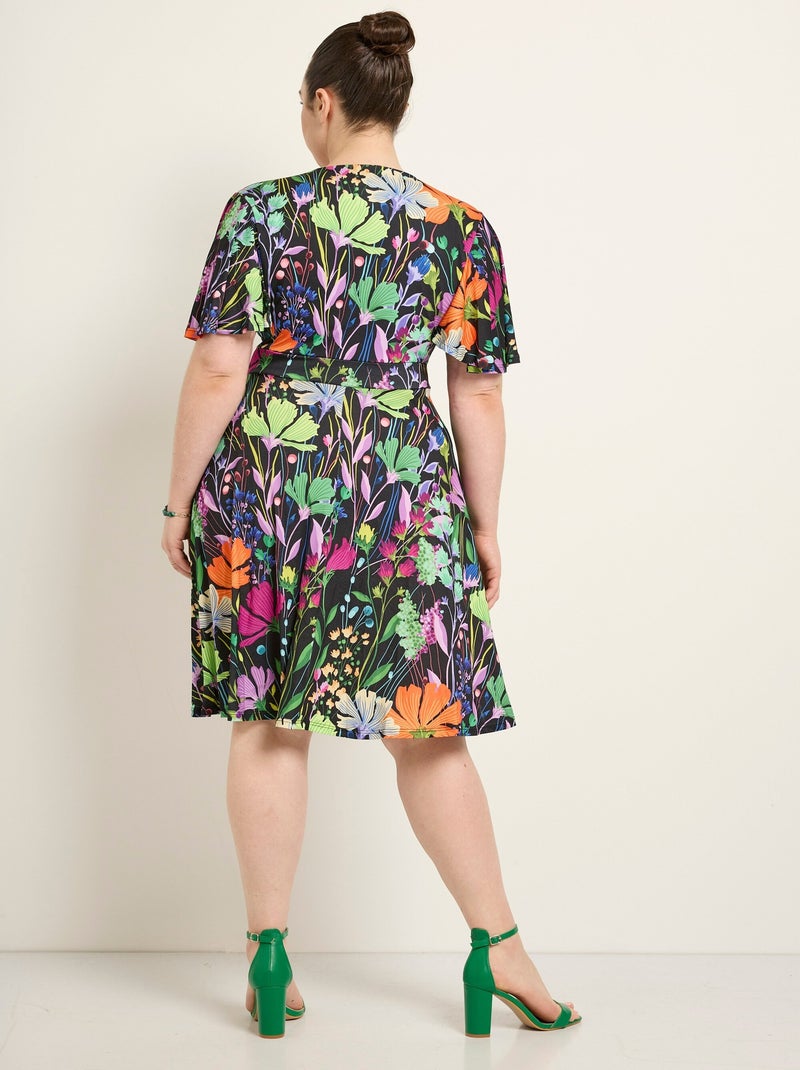 Vestido corto fluido con mangas de mariposa y estampado floral. - Afibel Negro - Kiabi