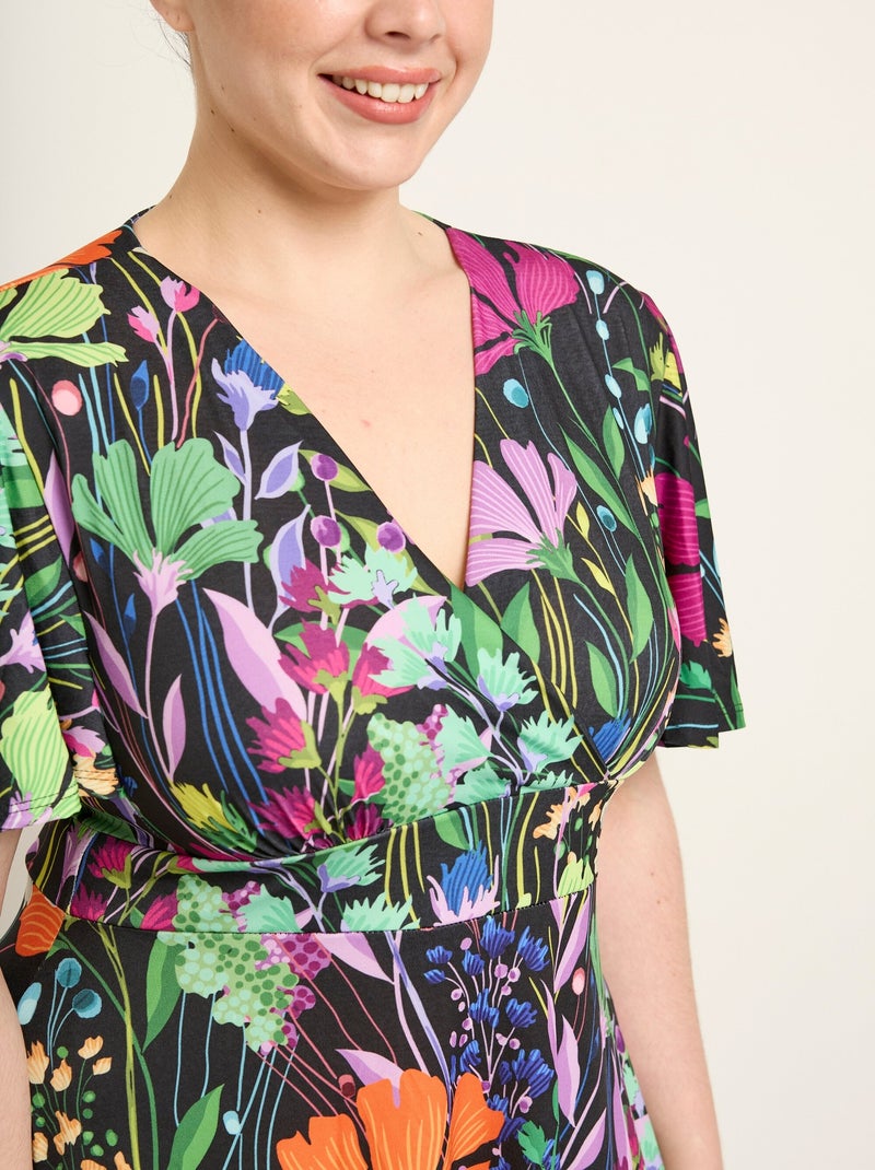 Vestido corto fluido con mangas de mariposa y estampado floral. - Afibel Negro - Kiabi