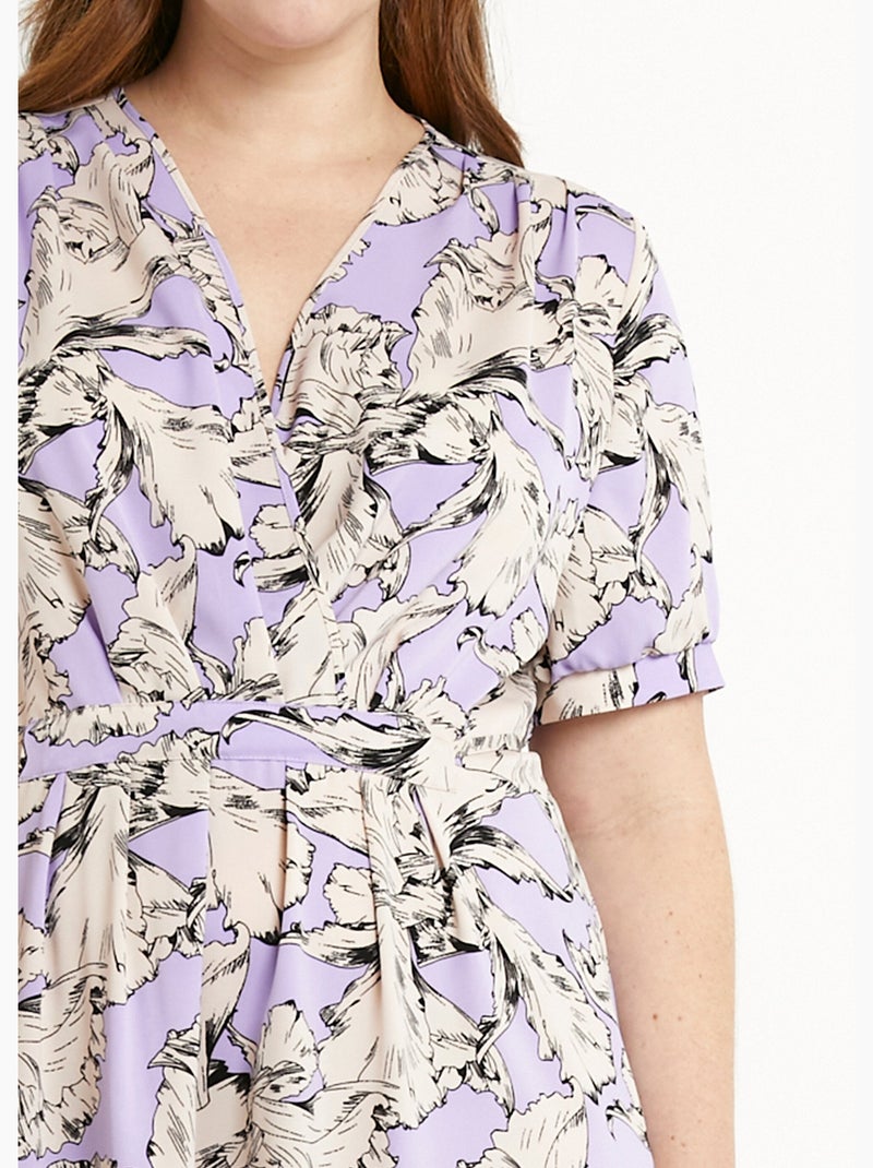 Vestido corto fluido cruzado con estampado gráfico - Afibel Blanco Violeta - Kiabi