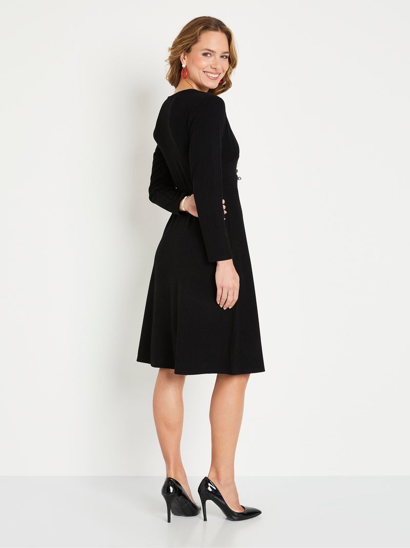 Vestido corto liso de punto de canalé con cuello en V - Afibel Negro - Kiabi