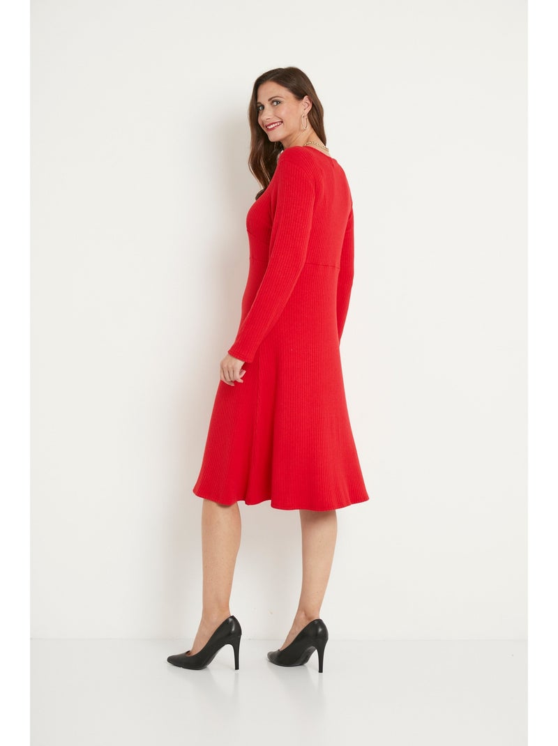Vestido corto liso de punto de canalé con cuello en V - Afibel Rojo - Kiabi