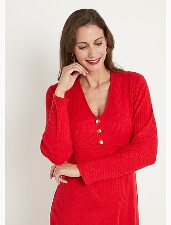 Vestido corto liso de punto de canalé con cuello en V