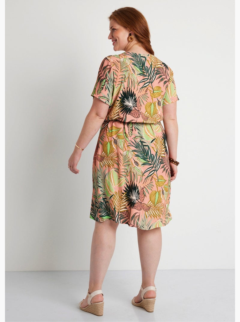 Vestido corto recto con estampado de hojas. - Afibel Rosa - Kiabi