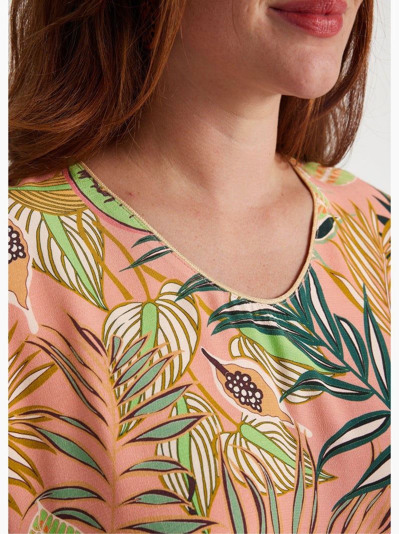 Vestido corto recto con estampado de hojas. - Afibel Rosa - Kiabi
