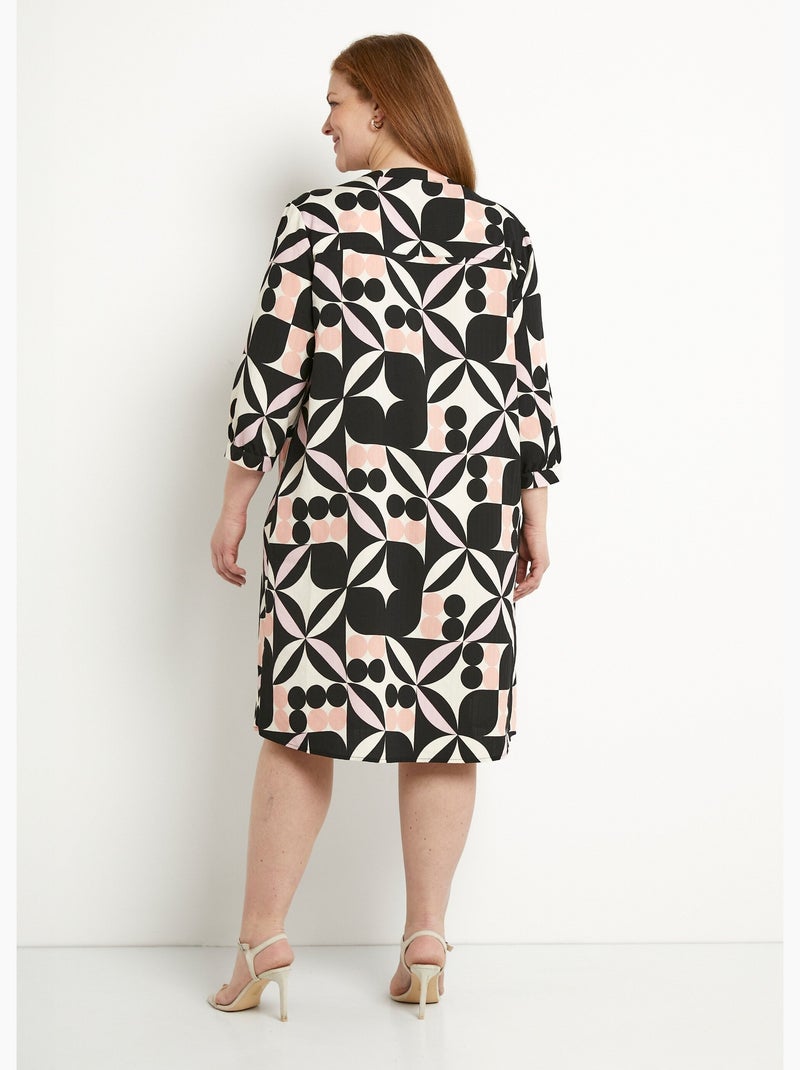 Vestido corto recto con manga 3/4 y estampado gráfico. - Afibel Negro Rosa - Kiabi
