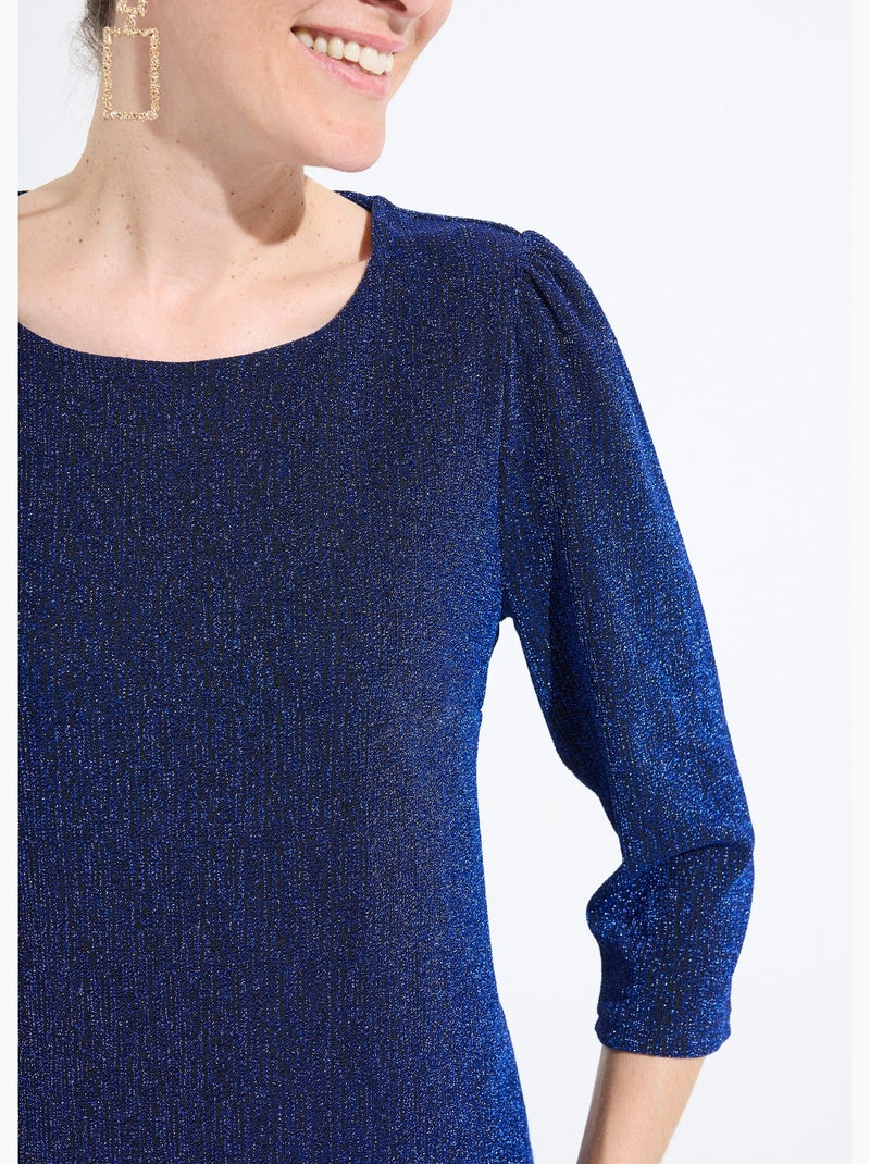 Vestido corto recto de punto metalizado brillante - Afibel Azul - Kiabi