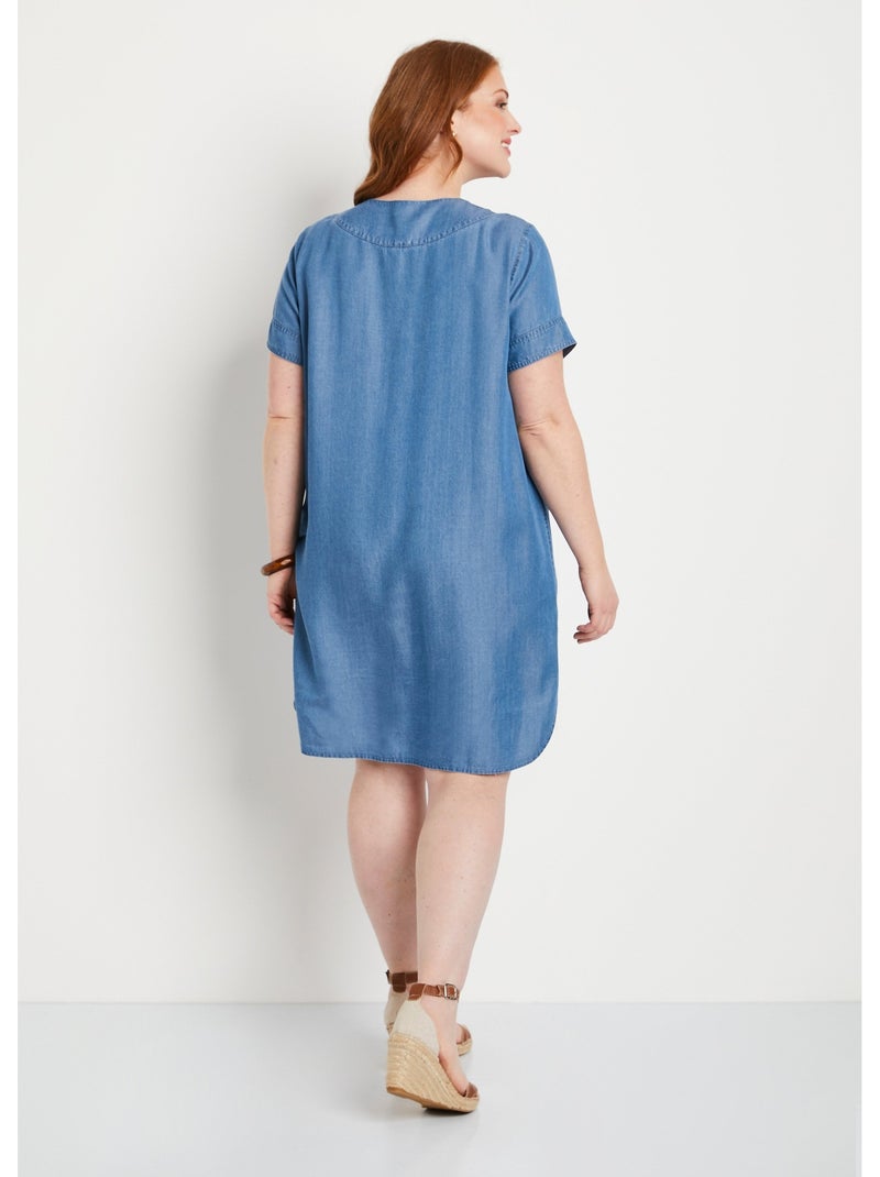 Vestido corto recto en tejido lyocell - Afibel Azul - Kiabi