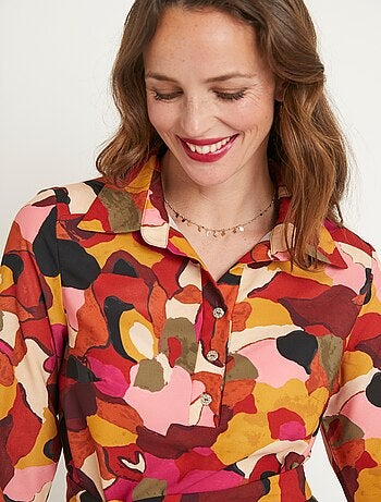 Vestido corto recto estampado con cuello blusa - Afibel