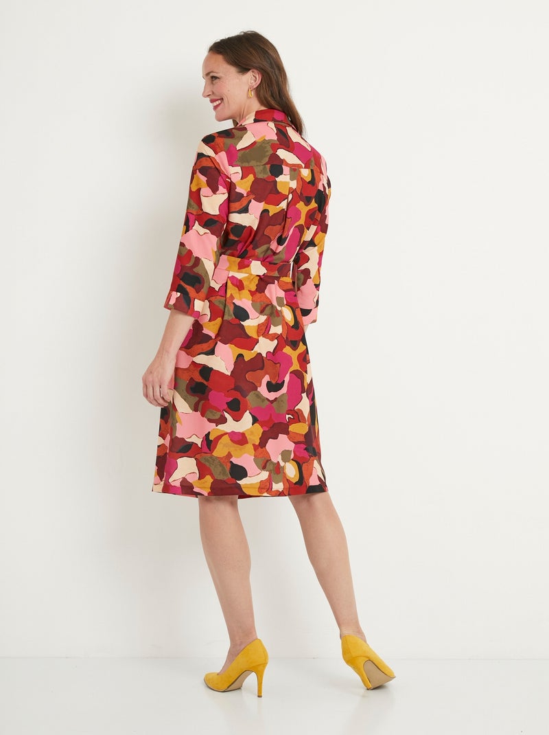 Vestido corto recto estampado con cuello blusa - Afibel Rosa - Kiabi