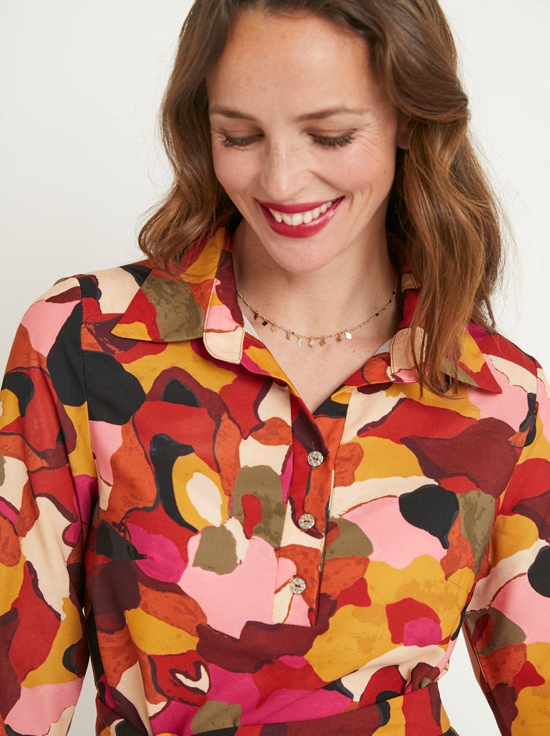 Vestido corto recto estampado con cuello blusa - Afibel Rosa - Kiabi