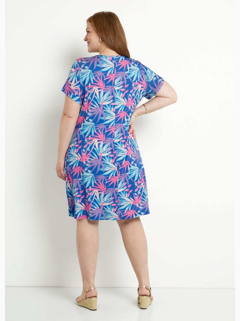 Vestido corto recto y evasé con estampado de hojas - Afibel Azul Rosa - Kiabi