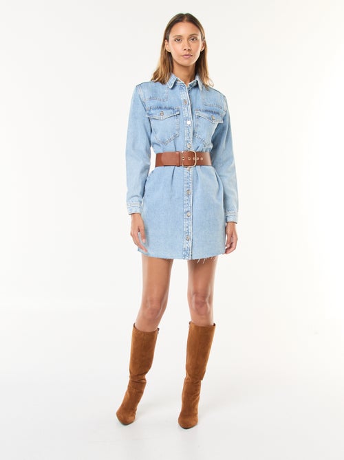 Vestido corto vaquero de manga larga - Kiabi