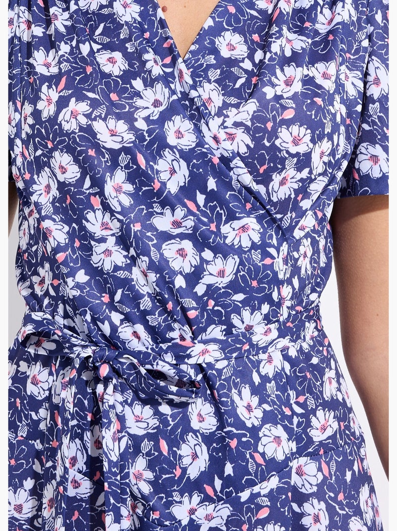 Vestido cruzado acampanado con flores - Afibel Azul marino - Kiabi