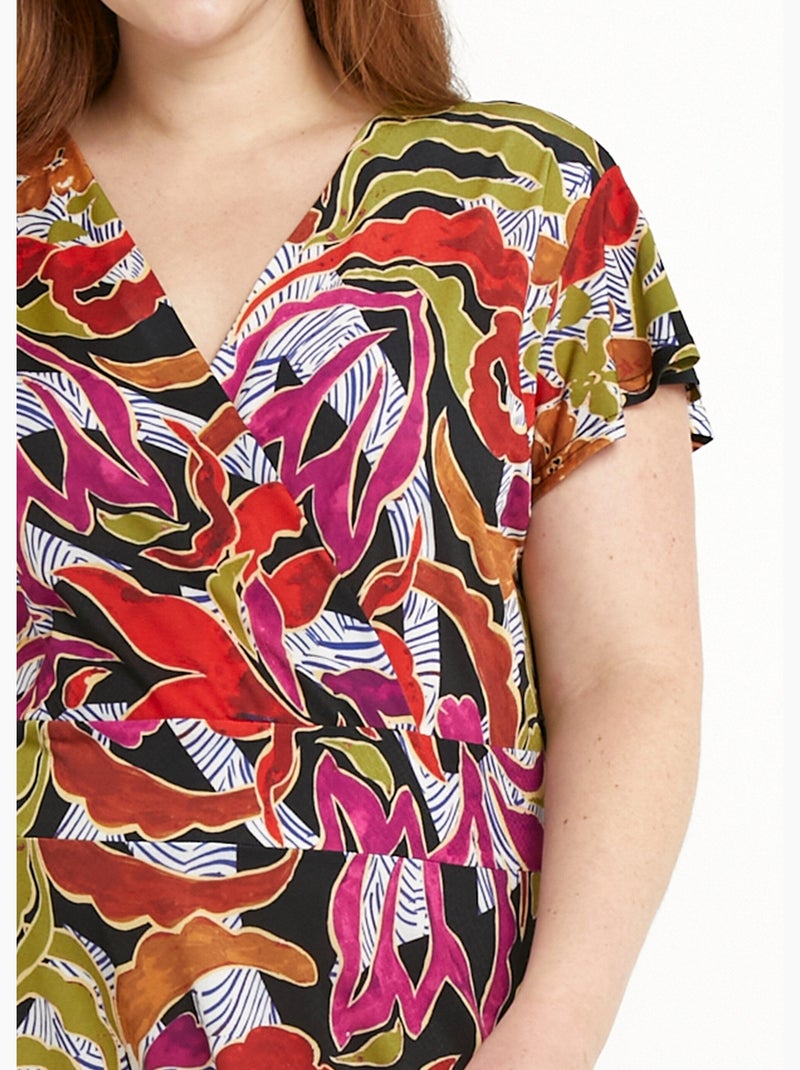 Vestido cruzado corto con estampado y vuelo - Afibel Negro Violeta - Kiabi