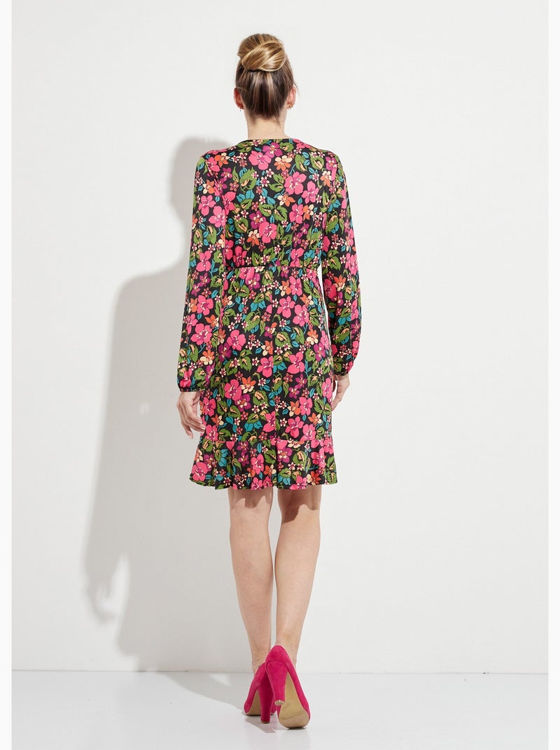 Vestido cruzado corto y acampanado con estampado floral - Afibel Negro Rosa oscuro - Kiabi