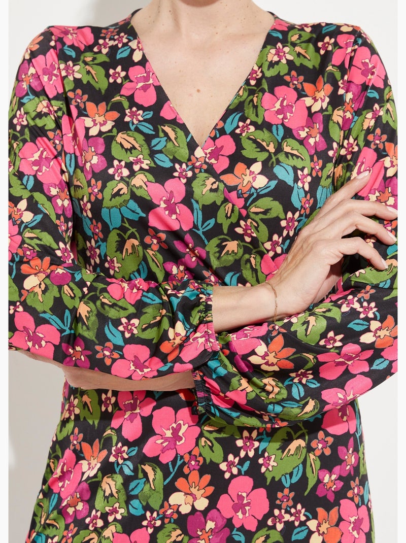 Vestido cruzado corto y acampanado con estampado floral - Afibel Negro Rosa oscuro - Kiabi