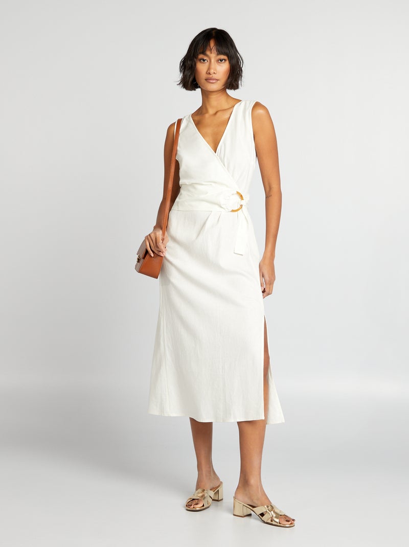 Vestido cruzado de mezcla de lino con cinturón BLANCO - Kiabi