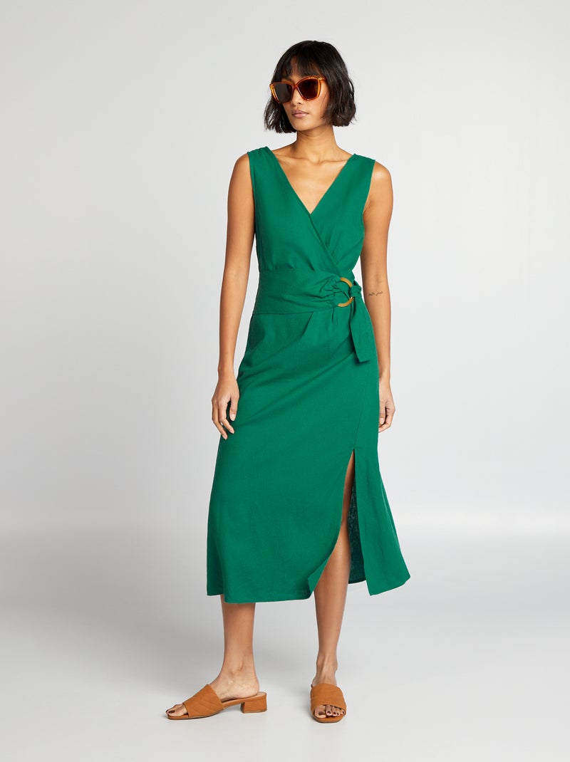 Vestido cruzado de mezcla de lino con cinturón VERDE - Kiabi