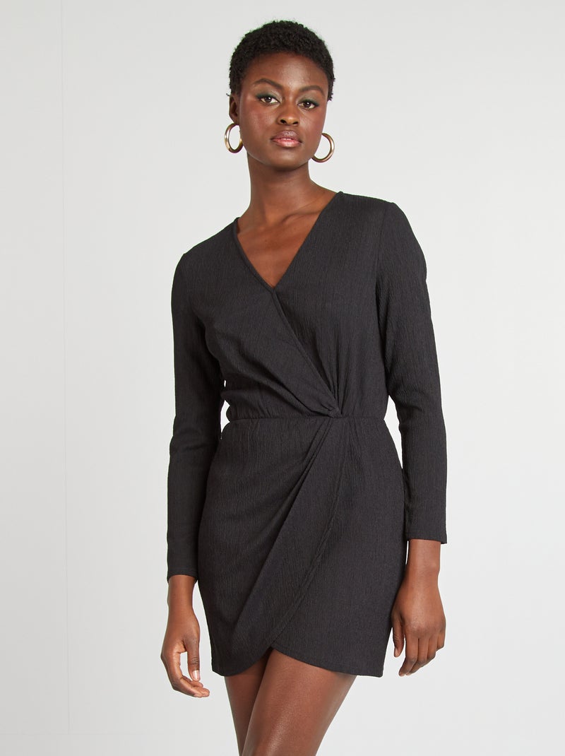 Vestido cruzado de punto de crepé negro - Kiabi
