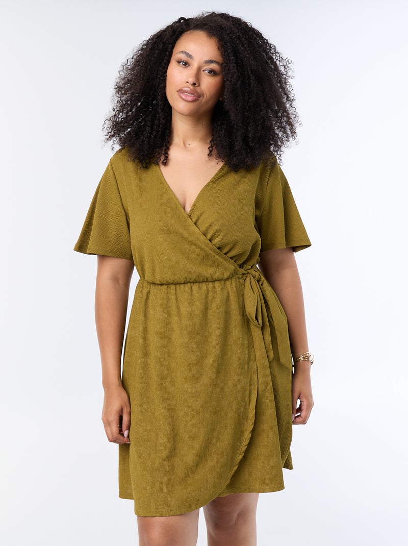 Vestido cruzado de punto gofrado Verde - Kiabi