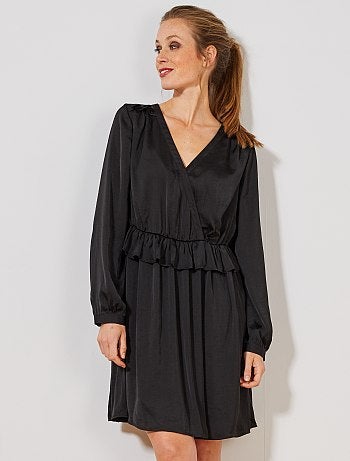 Vestido cruzado de raso con volantes - Kiabi
