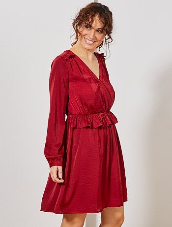 Vestido cruzado de raso con volantes - Kiabi