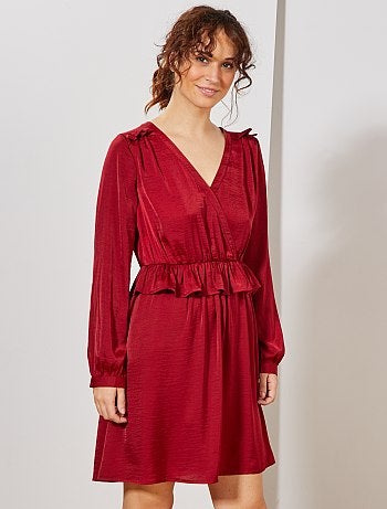 Vestido cruzado de raso con volantes - Kiabi