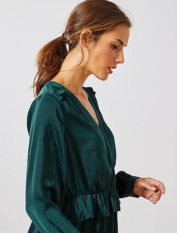 Vestido cruzado de raso con volantes - Kiabi