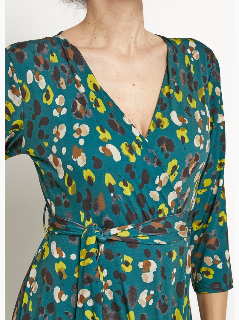Vestido cruzado estampado con cintura ceñida - Afibel Verde - Kiabi