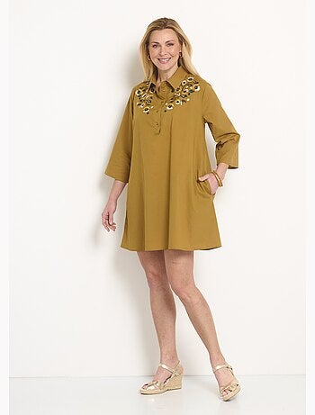 Vestido cubrebocas con mangas 3/4 y bordados de colores. - Afibel