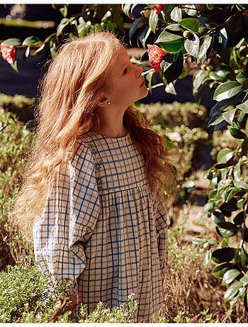 Vestido de algodón a cuadros con mangas abullonadas