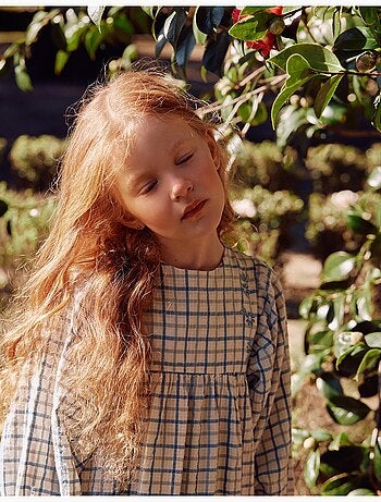 Vestido de algodón a cuadros con mangas abullonadas