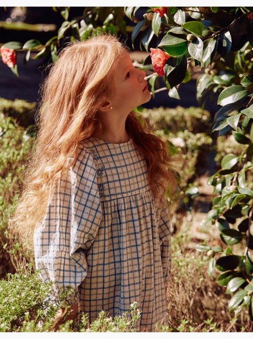 Vestido de algodón a cuadros con mangas abullonadas - Kiabi