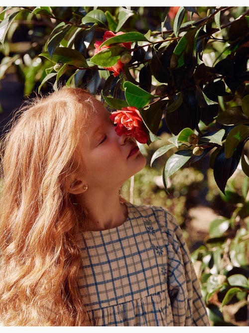 Vestido de algodón a cuadros con mangas abullonadas - Kiabi